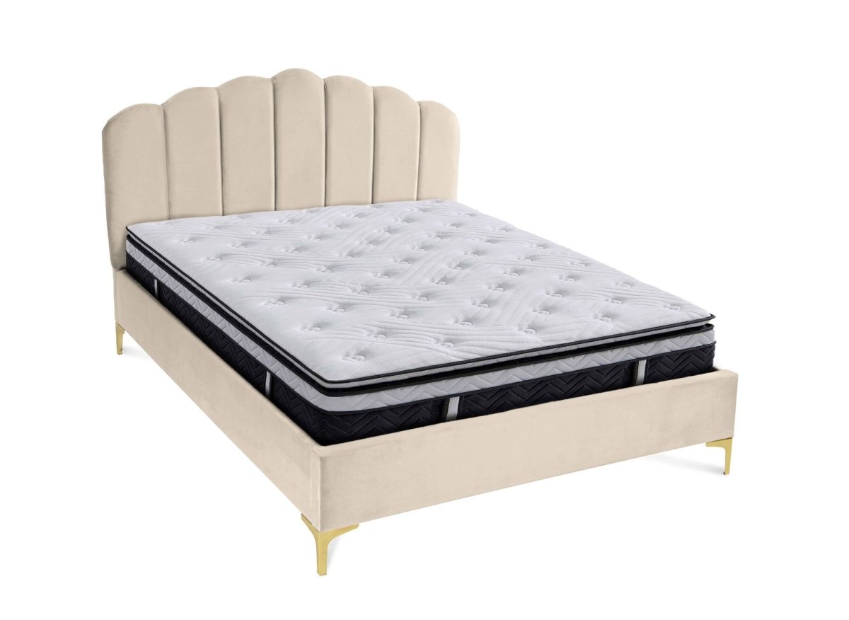 Lit double en velours beige 140x190 cm MARION - DécoInParis