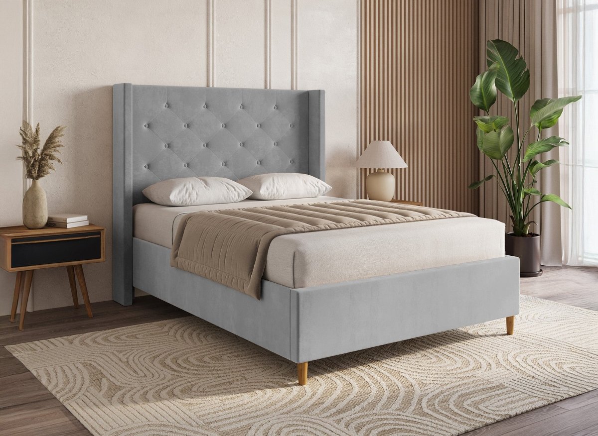 Lit double en velours capitonné gris MAREVA 140x190 cm - DécoInParis