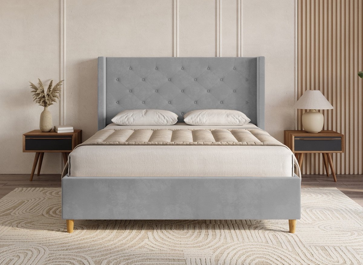 Lit double en velours capitonné gris MAREVA 180x200 cm - DécoInParis