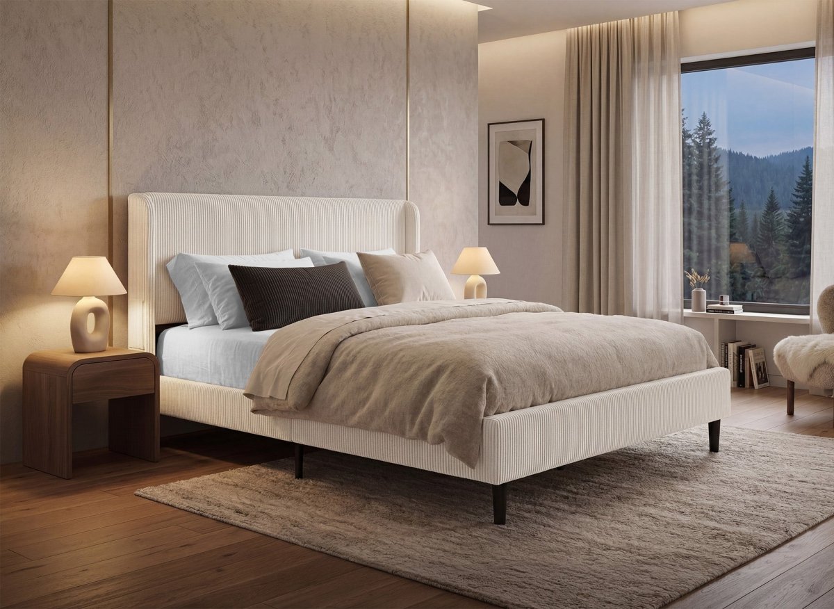 Lit double en velours côtelé épais beige 140x190cm LEVY - DécoInParis