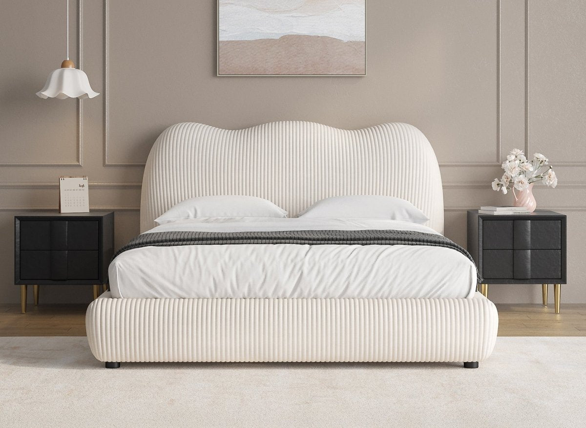 Lit double en velours côtelé épais beige 180x200cm SARA - DécoInParis