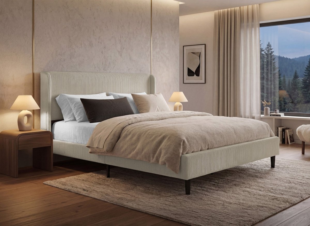 Lit double en velours côtelé épais taupe 160x200cm LEVY - DécoInParis