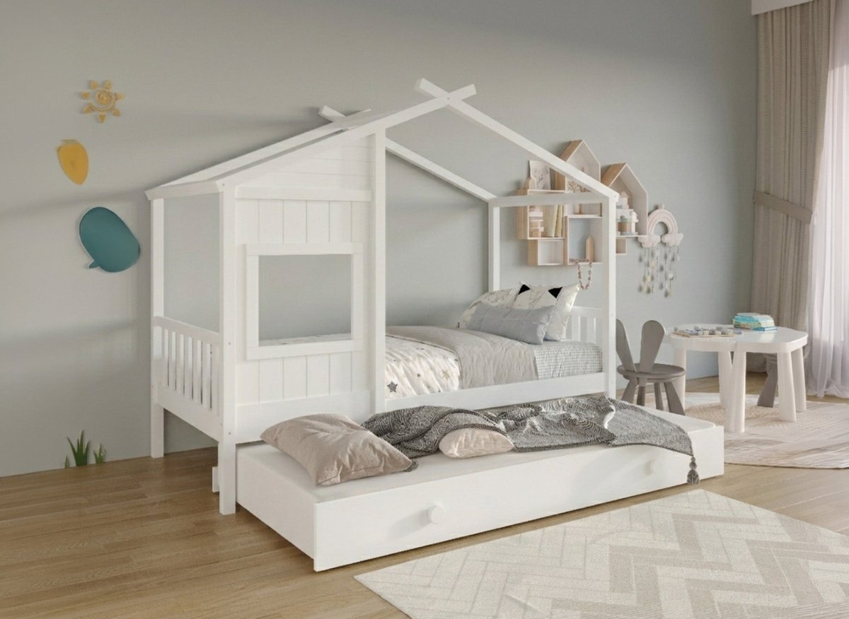 Lit gigogne cabane en bois blanc 90 x 190 cm MILIO - DécoInParis