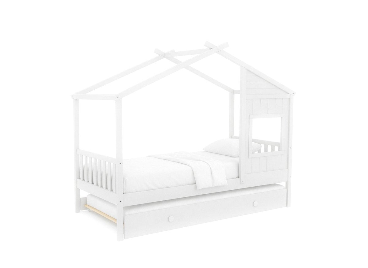 Lit gigogne cabane en bois blanc 90 x 190 cm MILIO - DécoInParis