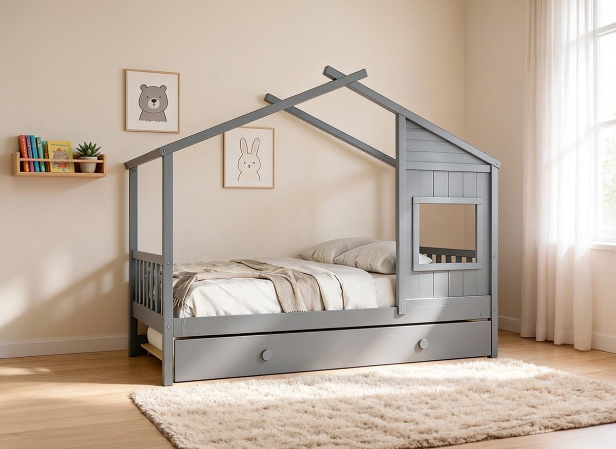 Lit gigogne cabane en bois gris 90 x 190 cm MILIO - DécoInParis