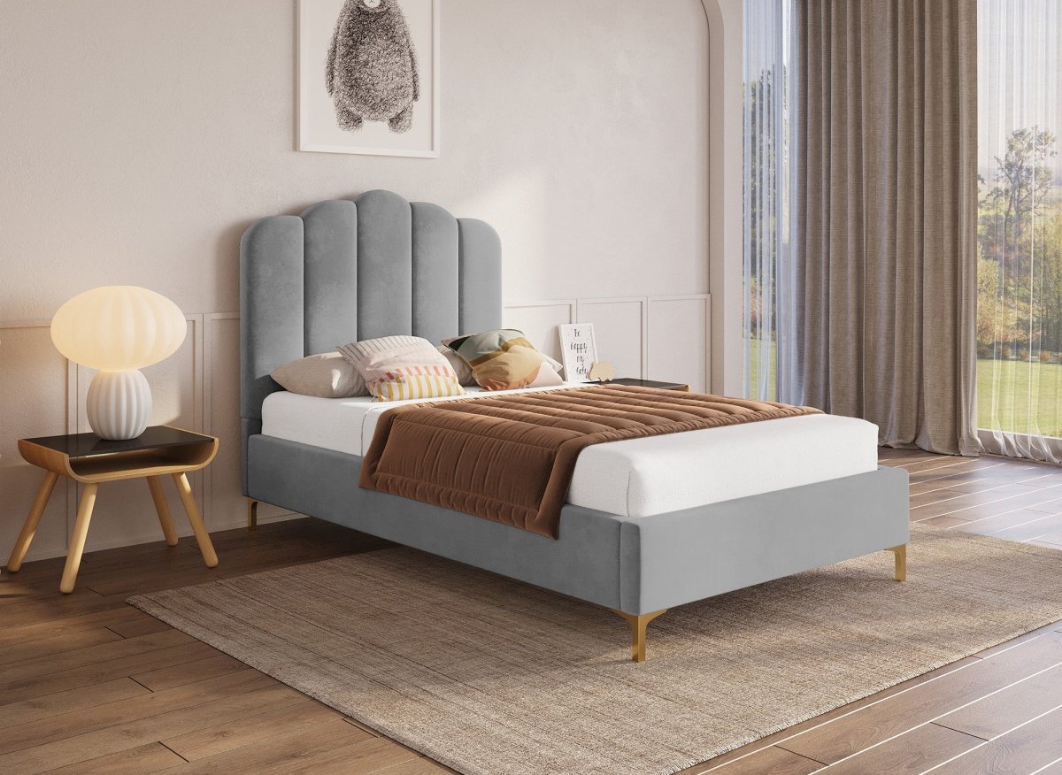 Lit simple en velours gris 90x190 cm MARION - DécoInParis