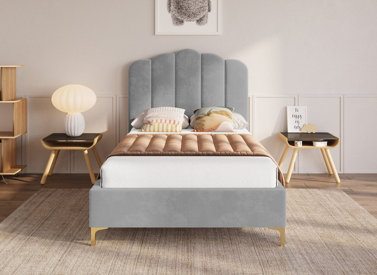 Lit simple en velours gris 90x190 cm MARION - DécoInParis