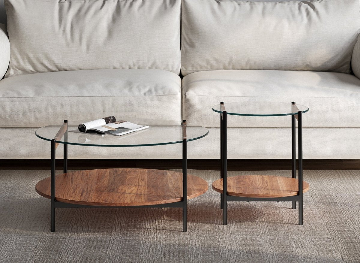 Lot de 2 tables basses rondes en verre bois et métal RIZZO - DécoInParis