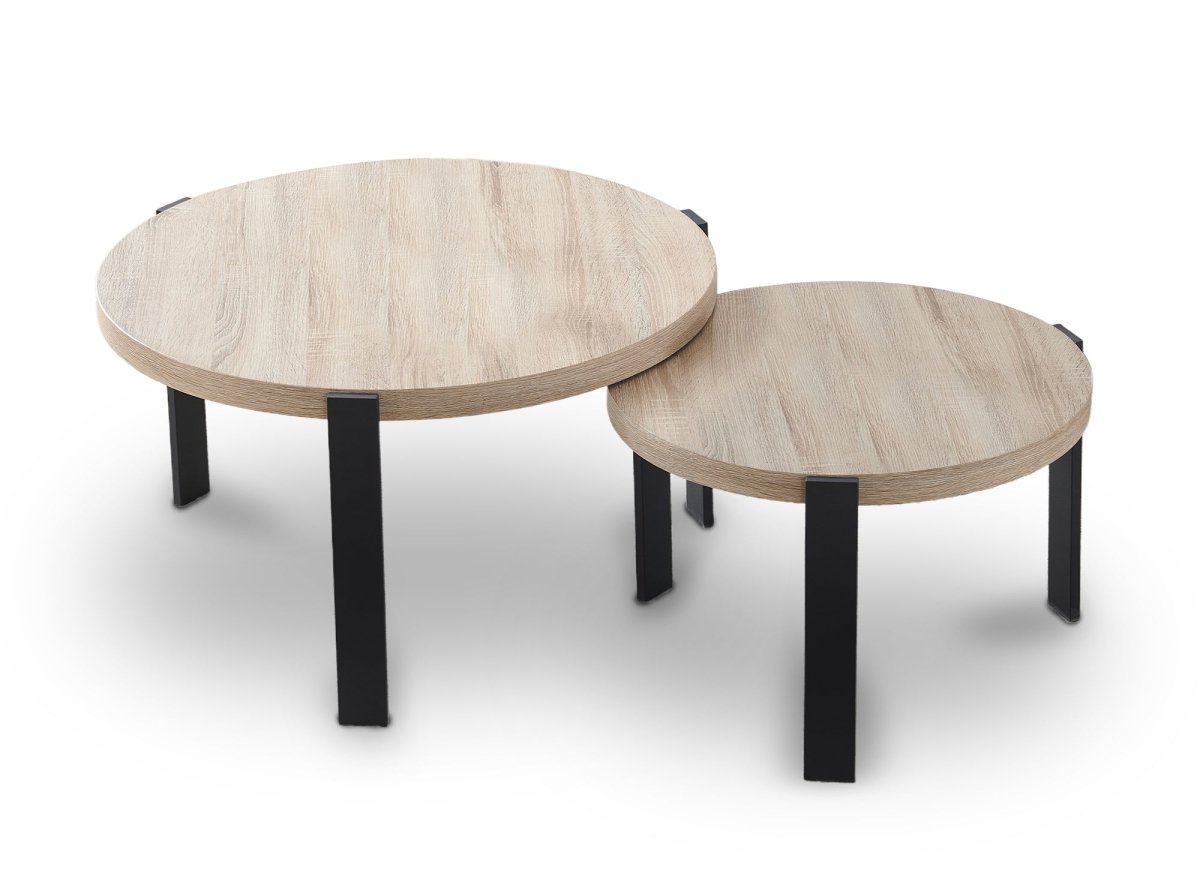 Lot de 2 tables basses rondes gigognes en bois et pieds métal noir TIYA - DécoInParis