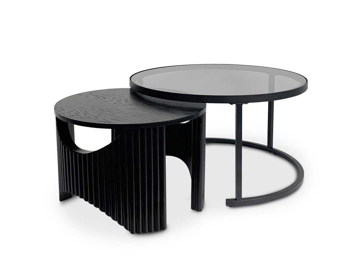 Lot de 2 tables basses rondes gigognes en verre et bois noir TAYRON - DécoInParis