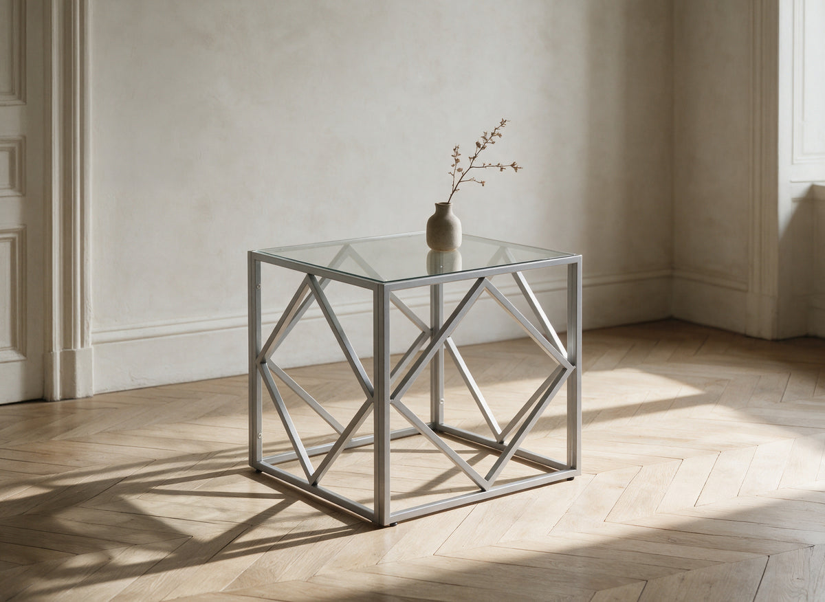 Mesa de centro cuadrada de diseño ELIO en vidrio y metal
