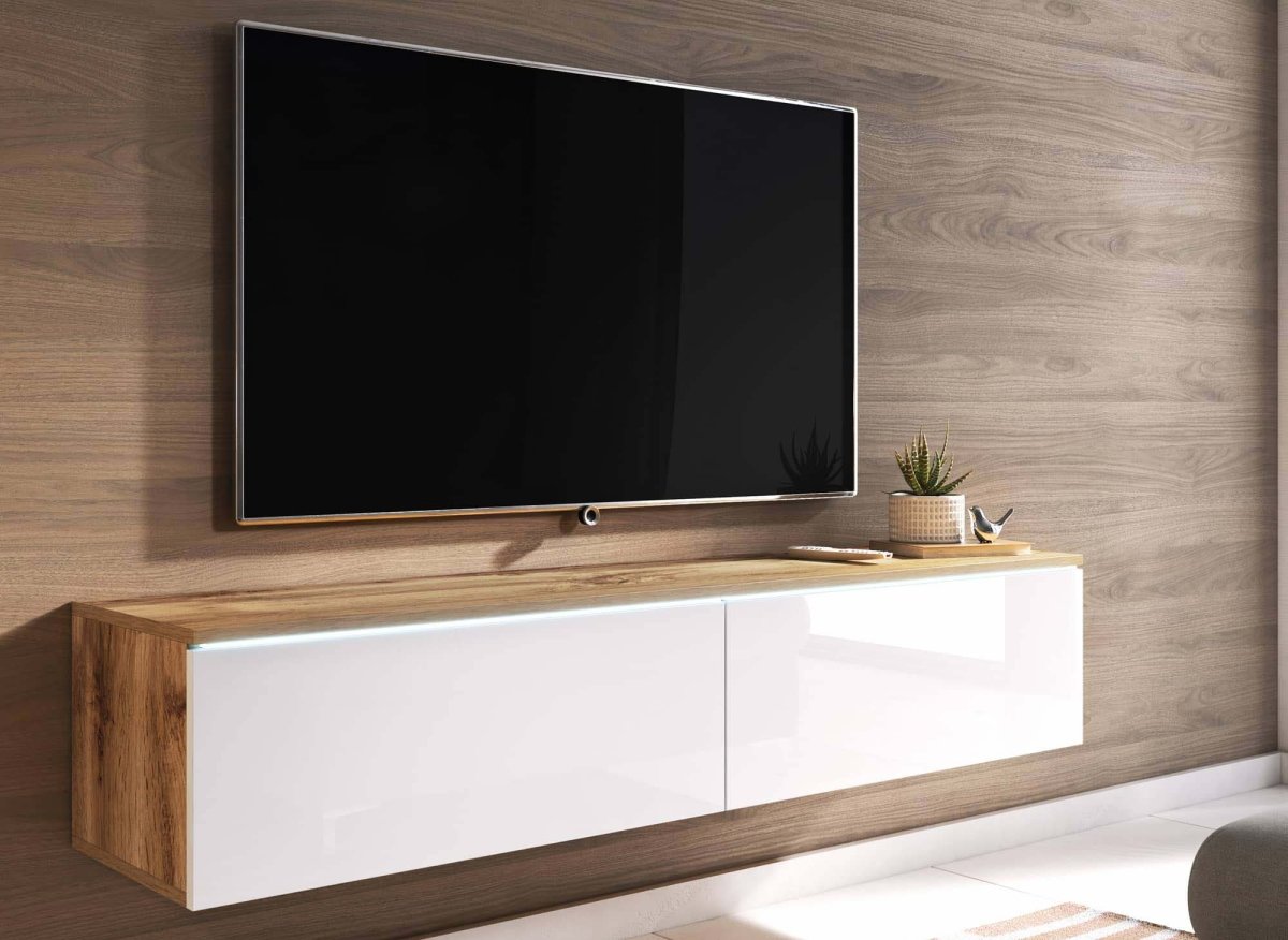 Meuble TV contemporain chêne et laqué blanc avec LED 2 portes MALORIE - 140 cm - DécoInParis
