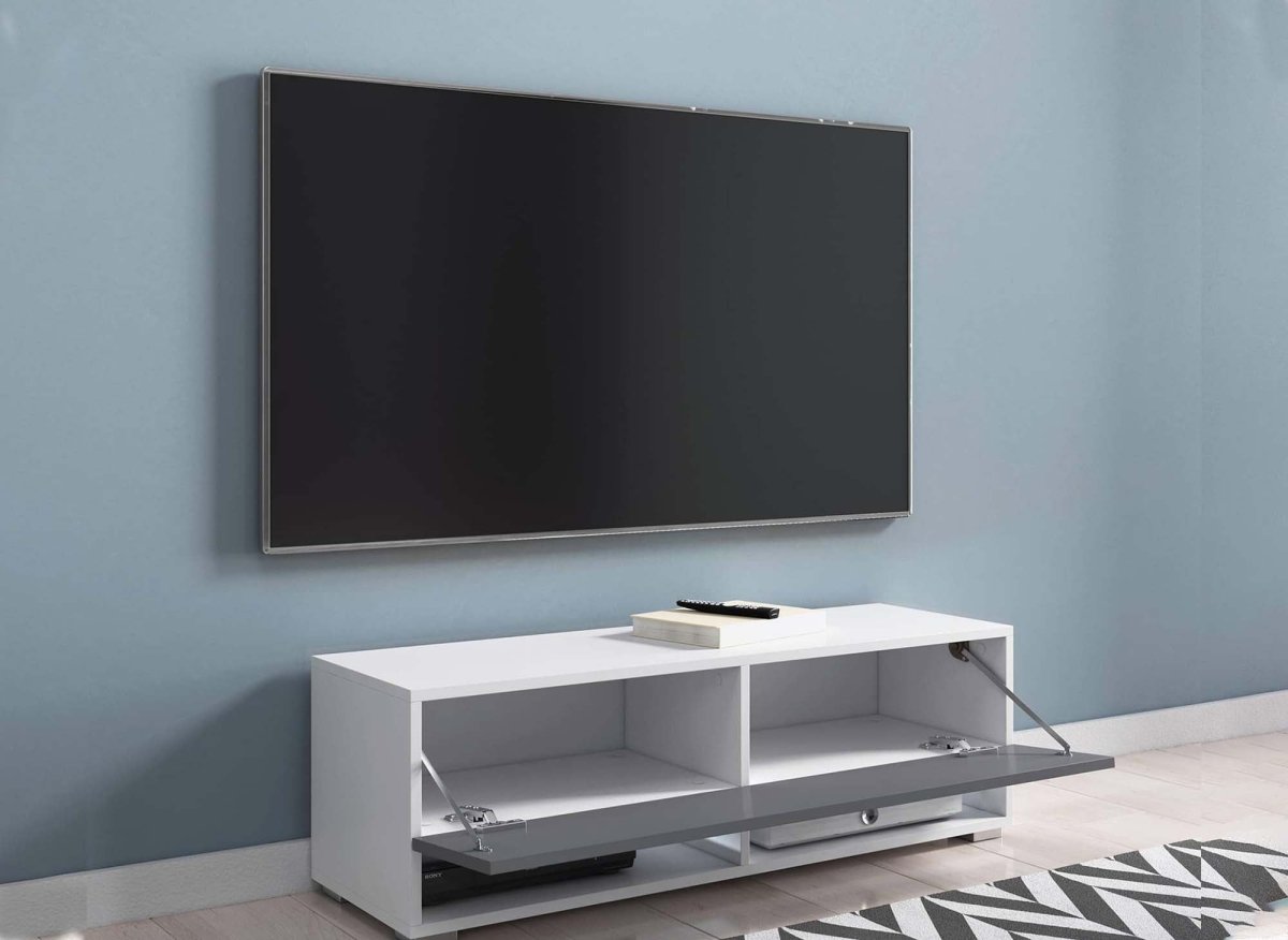 Meuble TV suspendu 1 porte 2 niches blanc et gris ROMANE - 100 cm - DécoInParis