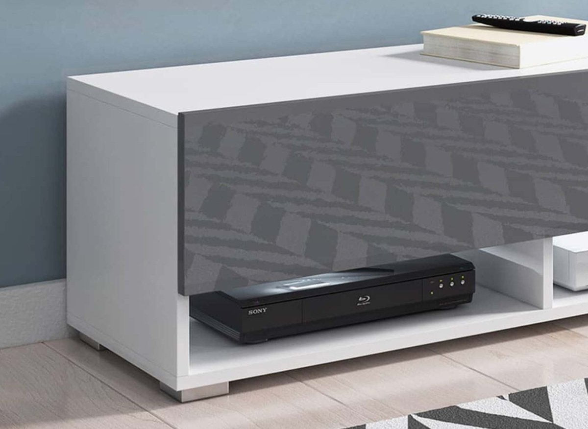 Meuble TV suspendu 1 porte 2 niches blanc et gris ROMANE - 100 cm - DécoInParis