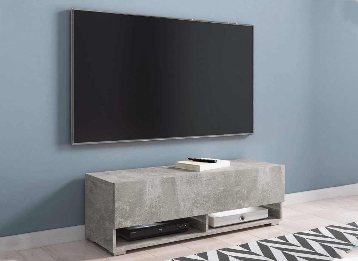 Meuble TV suspendu 1 porte 2 niches gris béton ROMANE - 100 cm - DécoInParis