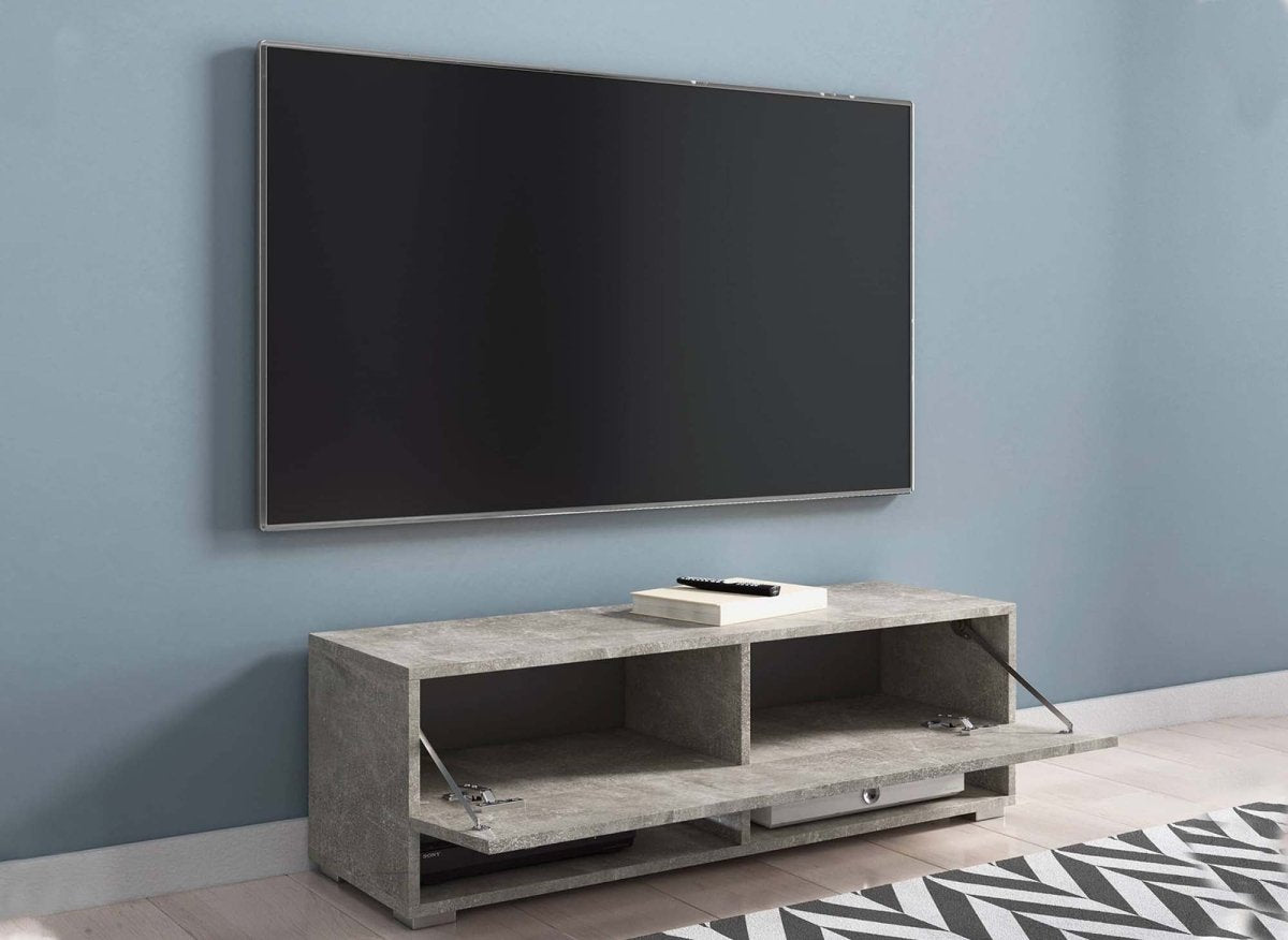 Meuble TV suspendu 1 porte 2 niches gris béton ROMANE - 100 cm - DécoInParis