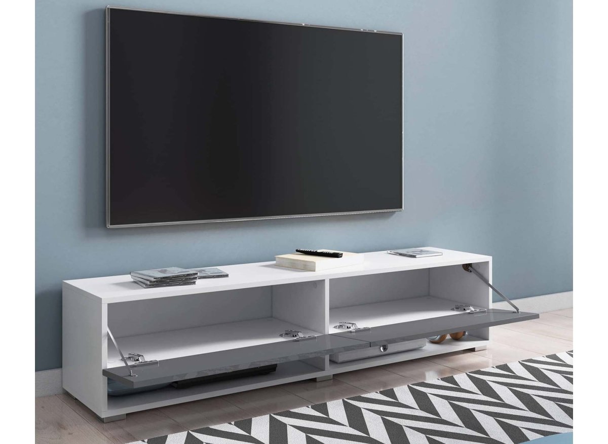 Meuble TV suspendu 2 portes 2 niches blanc et gris ROMANE XXL - 180 cm - DécoInParis