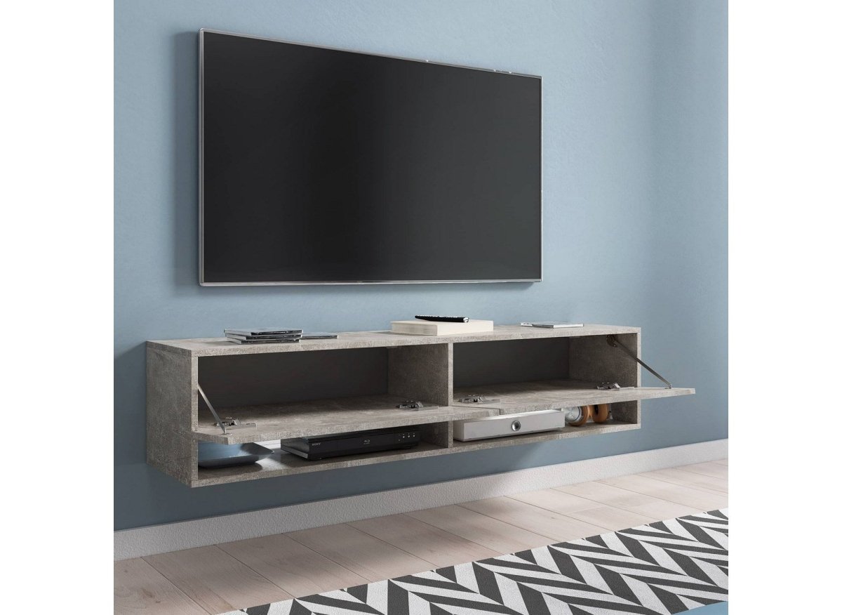 Meuble TV suspendu 2 portes 2 niches gris béton ROMANE XL - 140 cm - DécoInParis