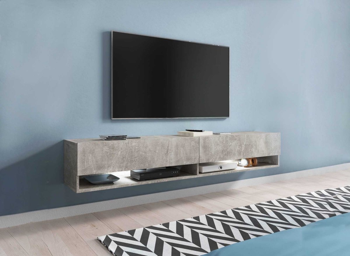 Meuble TV suspendu 2 portes 2 niches gris béton ROMANE XXL - 180 cm - DécoInParis