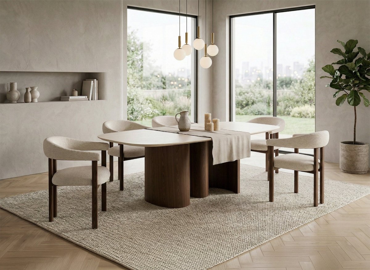 Table à manger en céramique beige pieds effet bois 10 personnes NAYA - DécoInParis