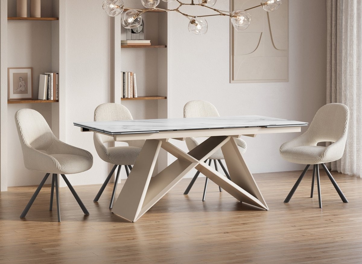 Mesa de comedor extensible GABRIEL con tablero de cerámica blanca para 10 personas