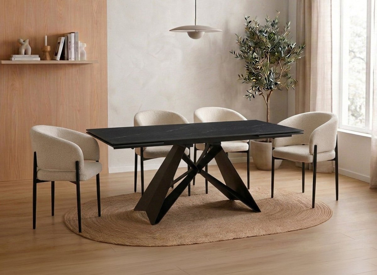 Table à manger extensible en métal noir avec plateau en céramique noir HELSINKI - DécoInParis