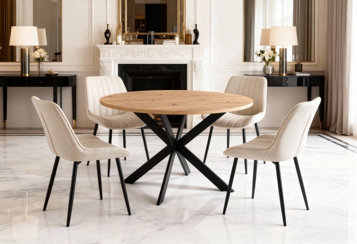 Table à manger ronde plateau effet bois pieds métal noir SINAYA - DécoInParis