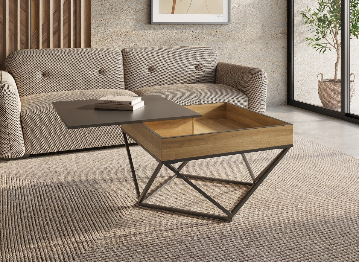 Table basse en bois avec plateau pivotant en verre trempé noir et pieds métal ZELIE - DécoInParis
