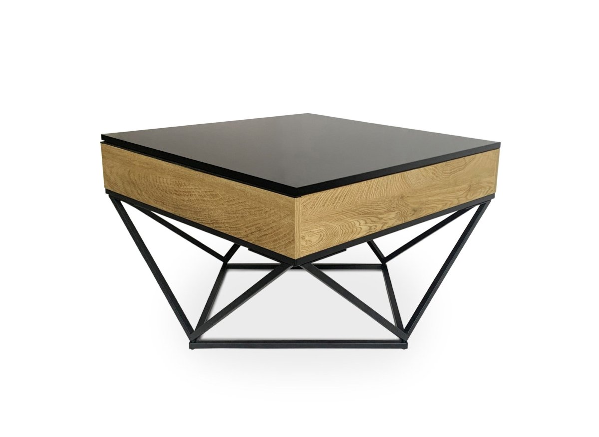 Table basse en bois avec plateau pivotant en verre trempé noir et pieds métal ZELIE - DécoInParis