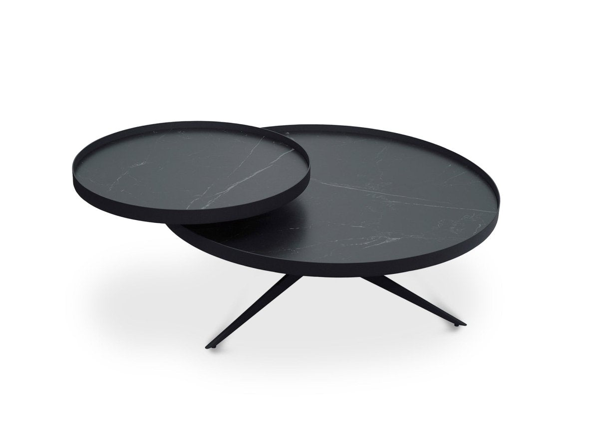 Table basse ronde 2 plateaux pivotants en céramique et métal noir MIRANY - DécoInParis
