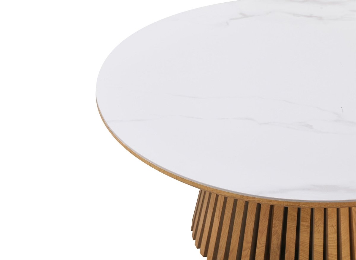 Table basse ronde en bois clair plateau en céramique blanc HEKA - DécoInParis