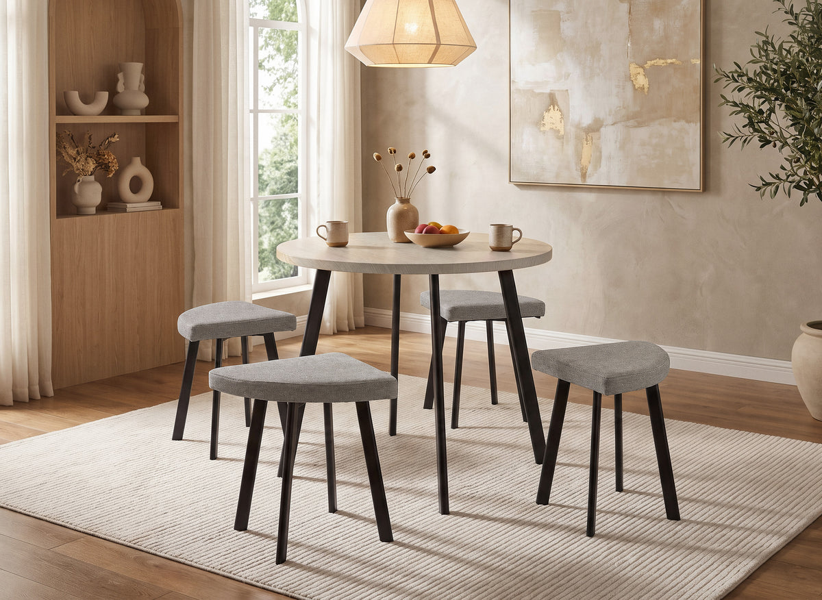 Conjunto de mesa de comedor IRINA de madera gris claro con 4 taburetes grises