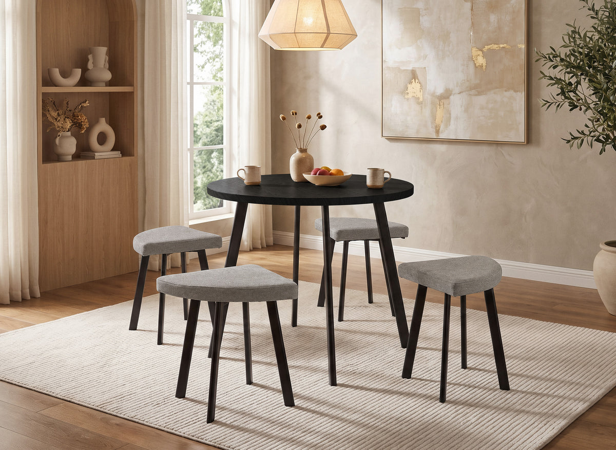 Conjunto de mesa de comedor IRINA de madera negra con 4 taburetes grises